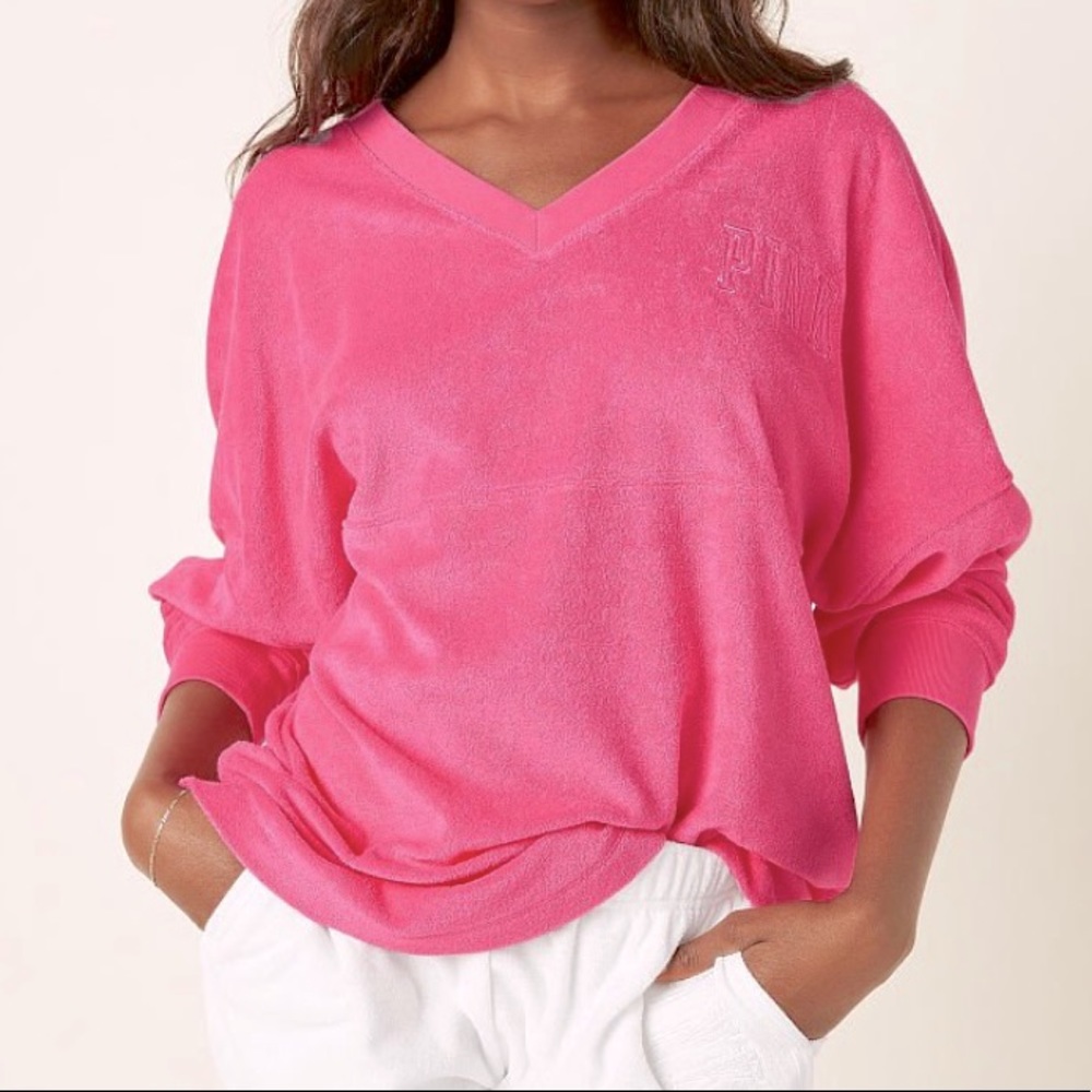 Victoria’s Secret Pink Varsity Beach Terry pullover. Size Medium  Hot Pink color